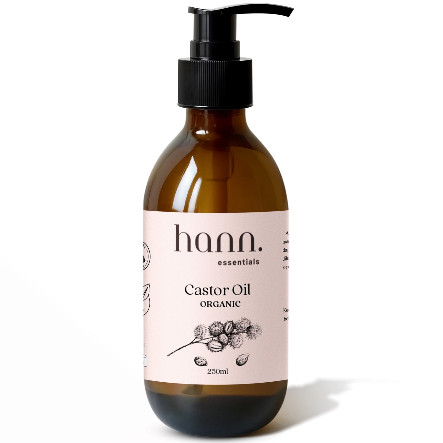 Organic cold pressed castor oil, hexane free , high quality, housed in a amber glass bottle with pump dispenser by Hann Essentials