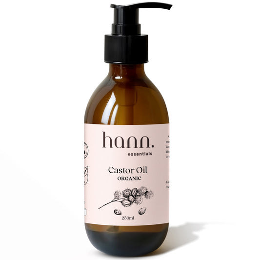 Organic cold pressed castor oil, hexane free , high quality, housed in a amber glass bottle with pump dispenser by Hann Essentials