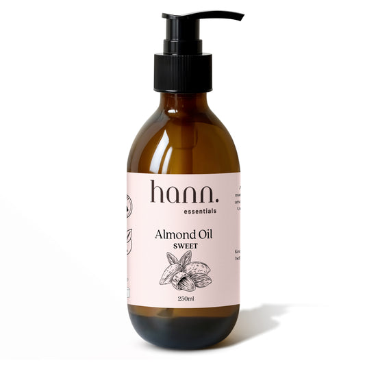 Sweet Almond Oil, all natural in a amber glass bottle with mess free pump dispenser by Hann Essentials